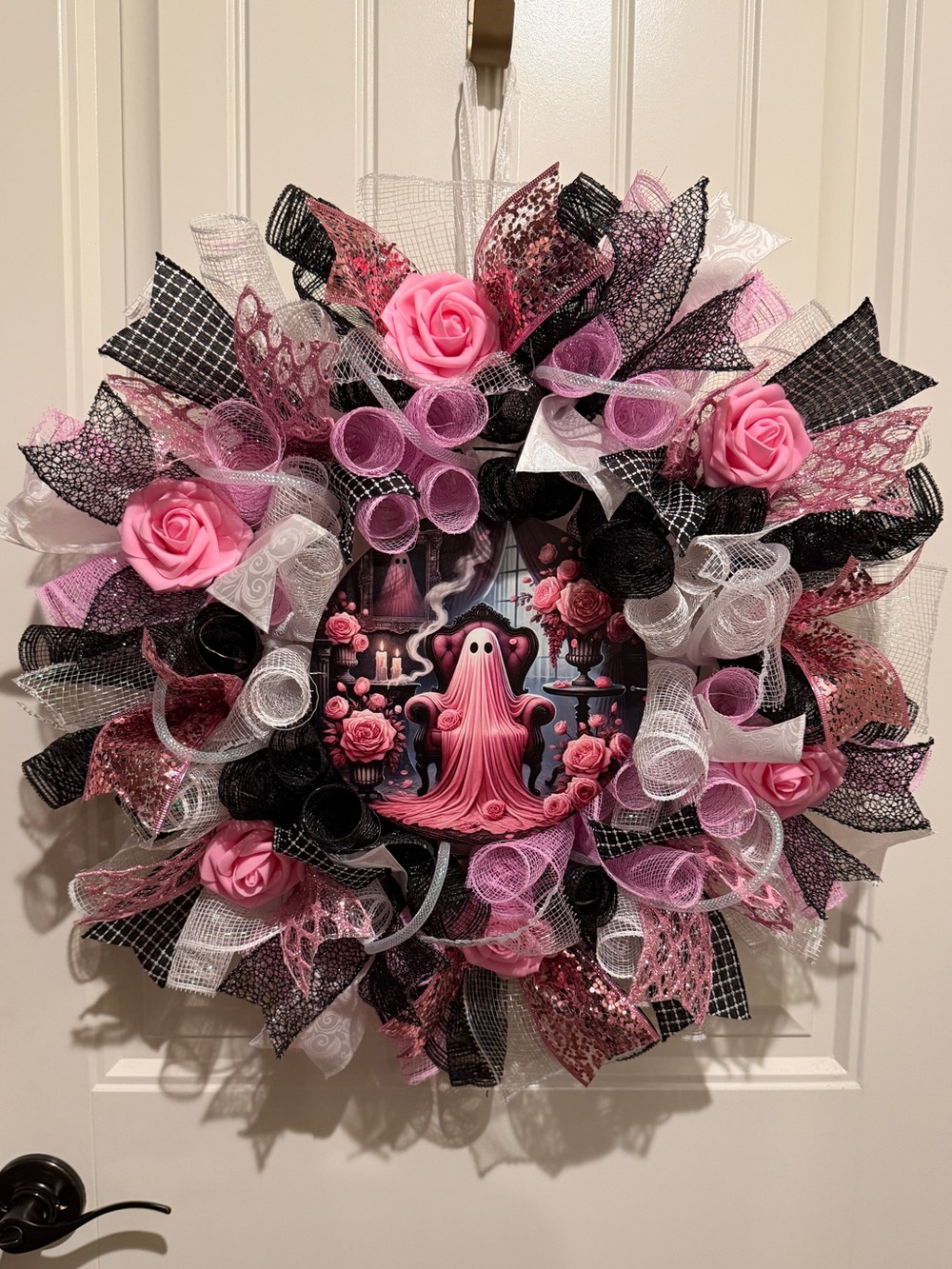 Throne of Roses Boo Ghost Pink Halloween Wreath Prelit W28 Handmade